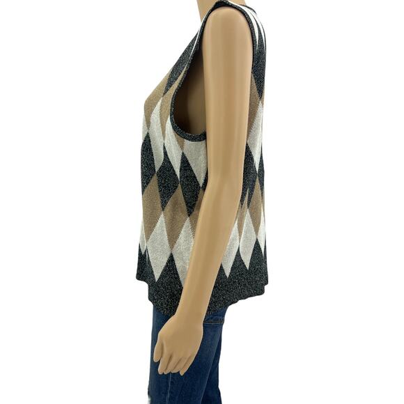 Cable & Gauge (XL) Womens Black metallic Cream Sleeveless Argyle Sweater Vest341 - Picture 3 of 6